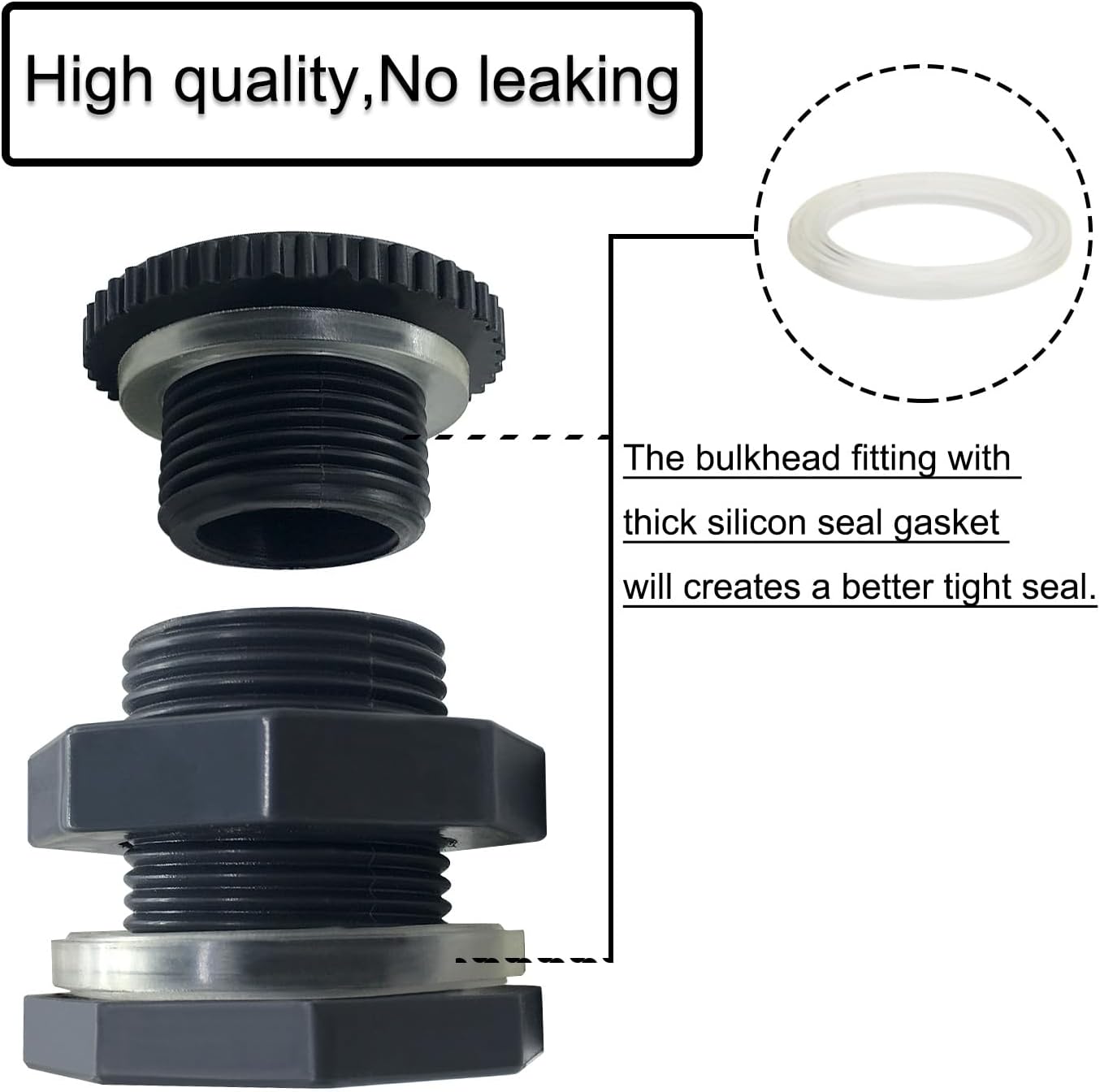 NPT 1/2” Female PVC Heavy-Duty Bulkhead Fitting with Plug, Silicon Seal Gasket Water Tank Connector for 1.5 Inch Hole Saw Rain Barrels, Aquariums 4Pcs — image 5
