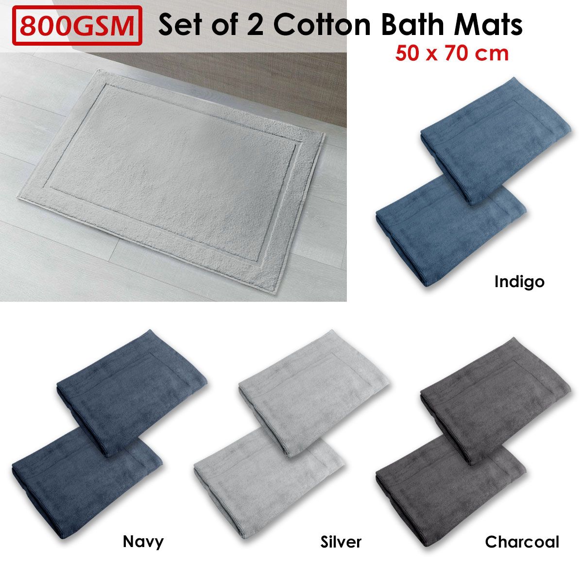 800GSM Set of 2 Cotton Bath Mats 50 × 70 cm Charcoal — image 3