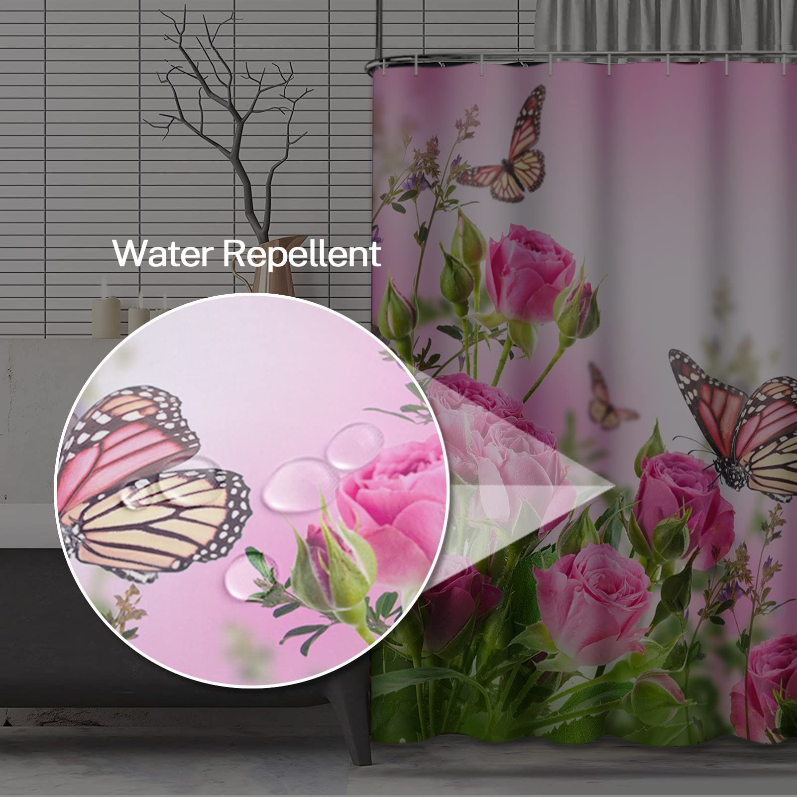 Butterfly Floral Shower Curtain 72 x 72 Inch, Pink Rose Blossom Shower Curtain Spring Romance Flower Bouquet Shower Curtain โ image 5