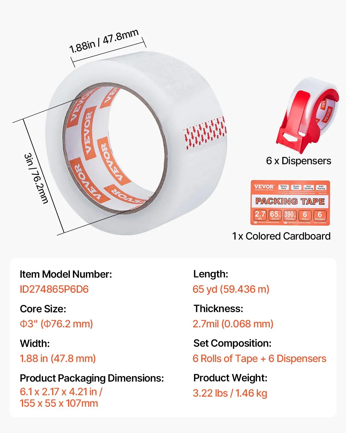 Clear Packing Tape, 3 inches Core, 6 Rolls 1.88 Inches x 65 Yards Packing Tape with Dispenser, 2.7 Mil Heavy Duty Packaging Tape Designed for Moving, Storage — image 5