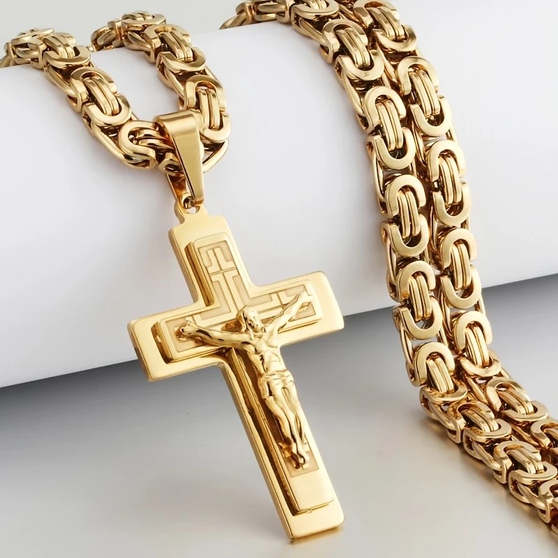 Trendy Gold-Plated Cross Men's Pendant, paired with a Cuban chain—a bold, personal expression of faith.silver — image 5