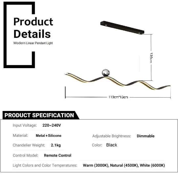BAMDECOR A2575 Modern Design Linear LED Ceiling Light for Dining Room Office Kitchen Living Room (Black)BAMDECOR A2575 Modern Design Linear LED Ceiling Light — image 6