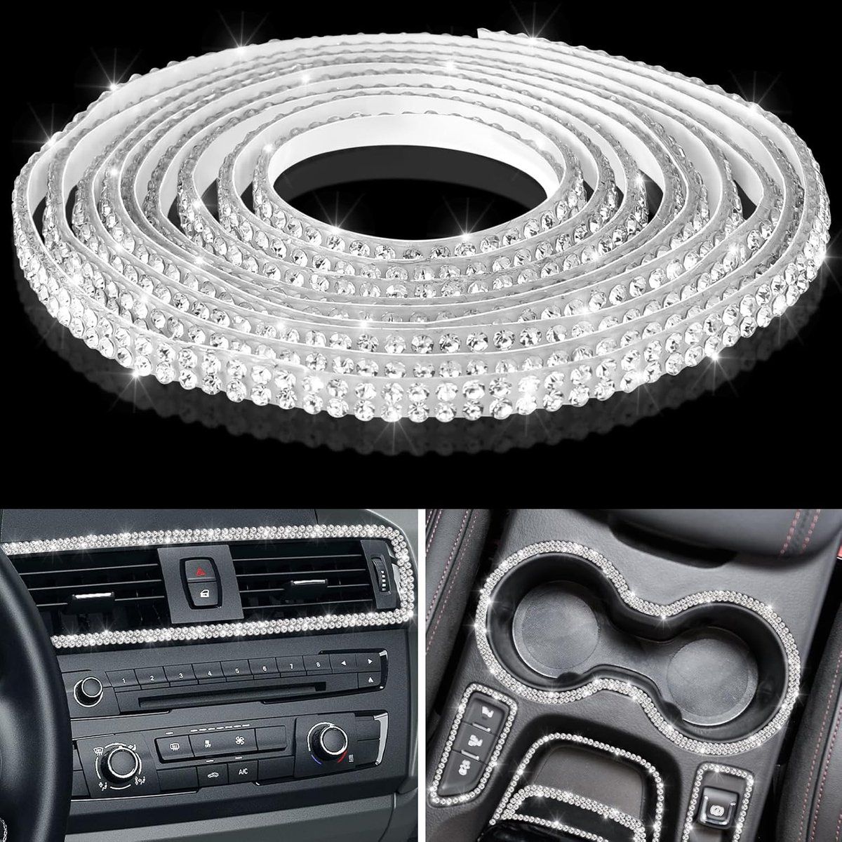 Car sticker - decorative stickers 5M for decoration glitter diamond interior exterior DIY linear self-adhesive for dashboard White_yu, Made of Chrome