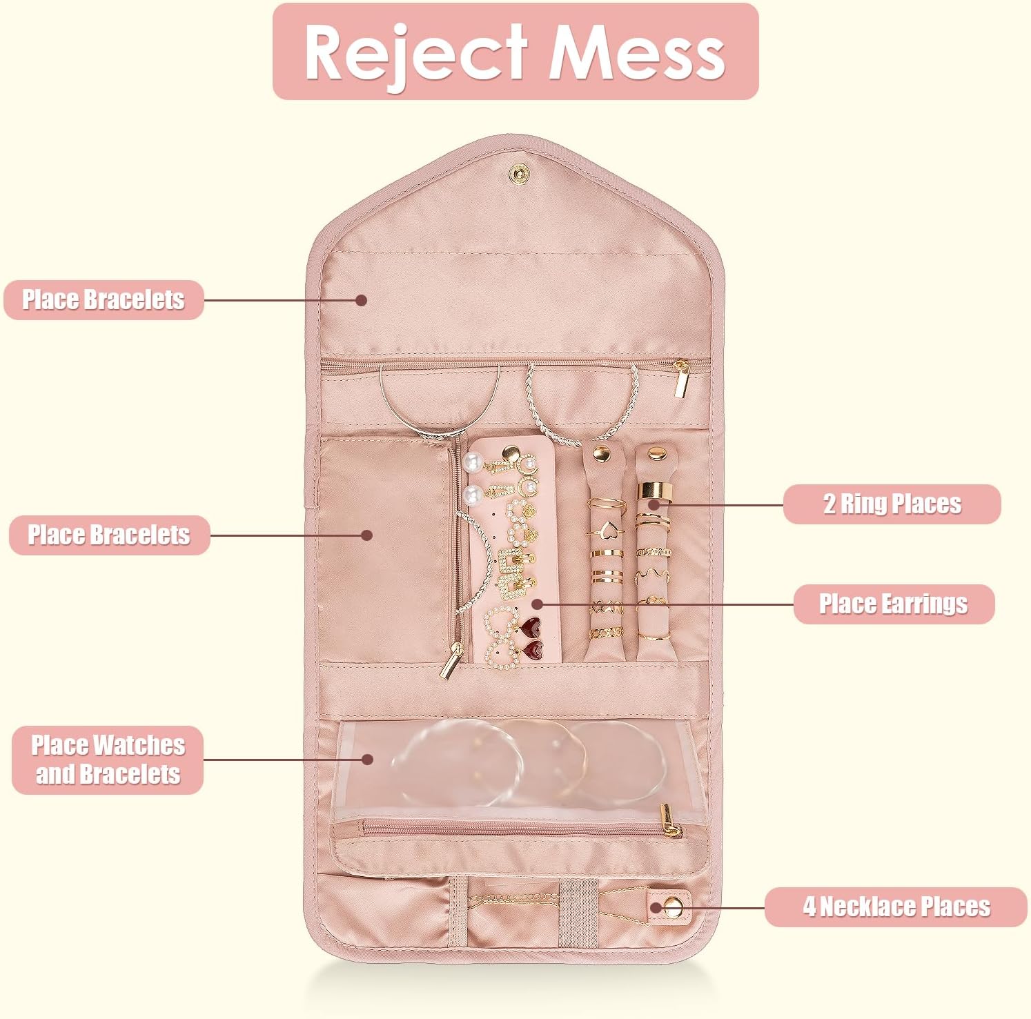 Travel Jewelry Organizer Bag Anti-Tangle Foldable Small Jewelry Roll Travel Case Accessory for Necklaces, Earrings, Rings, Bracelets, Watches, Pink — image 4