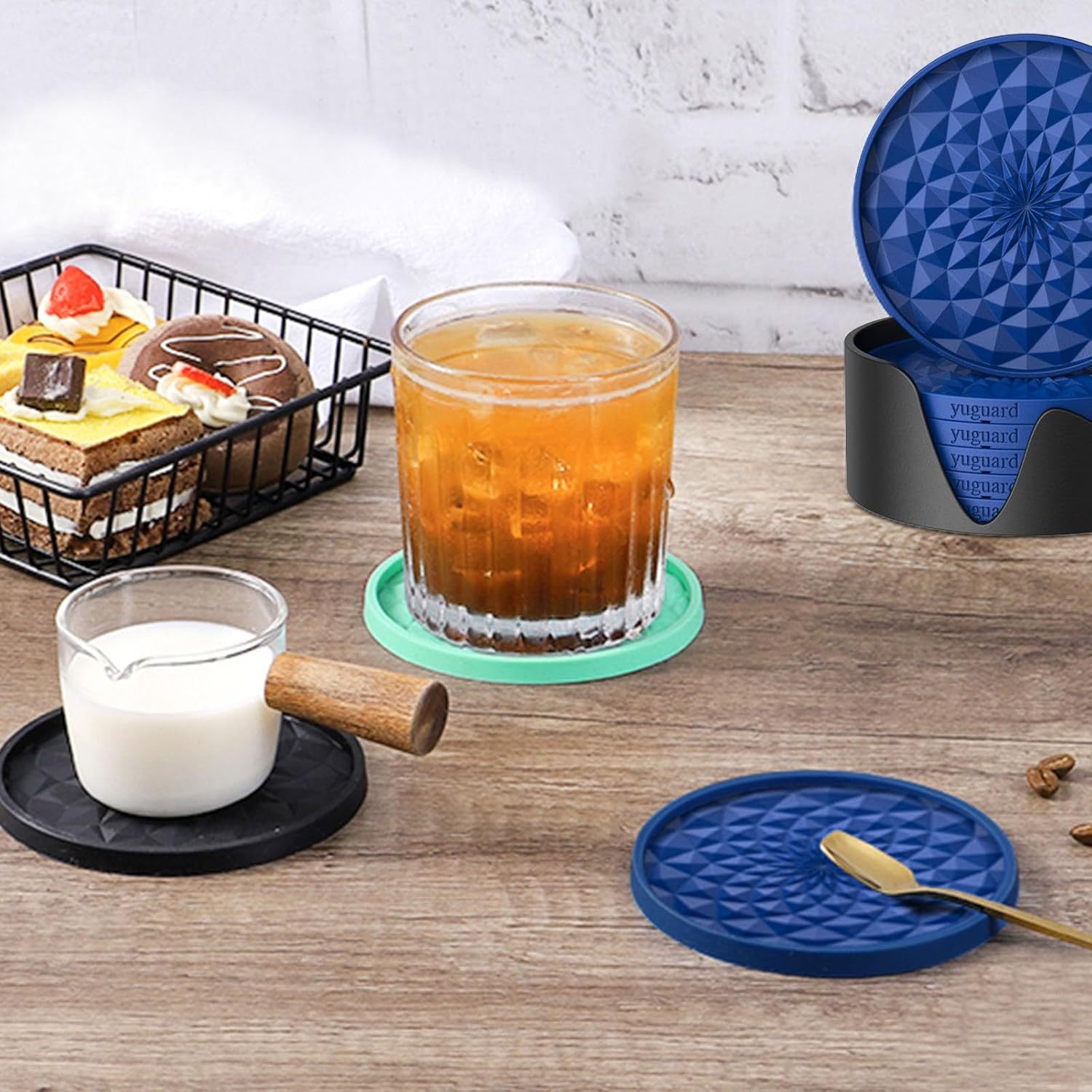 Red and Black Geometric Silicone Drink Coasters Set (6 Pack) with Holder - Non-Slip Table Protectors โ image 3