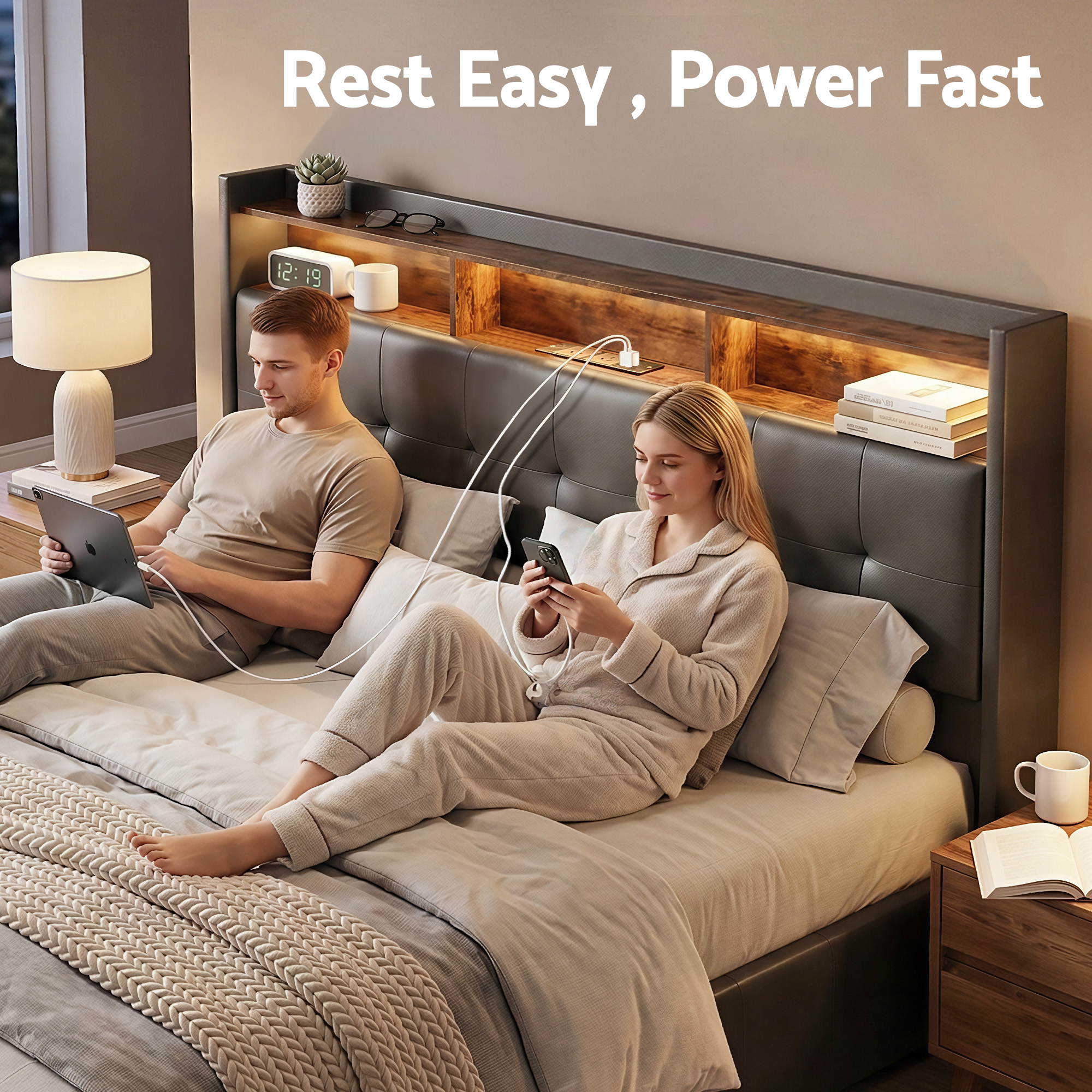 Artiss Queen Bed Frame with Gas Lift Storage LED Lights Charging Station Headboard with Open Shelf โ image 4