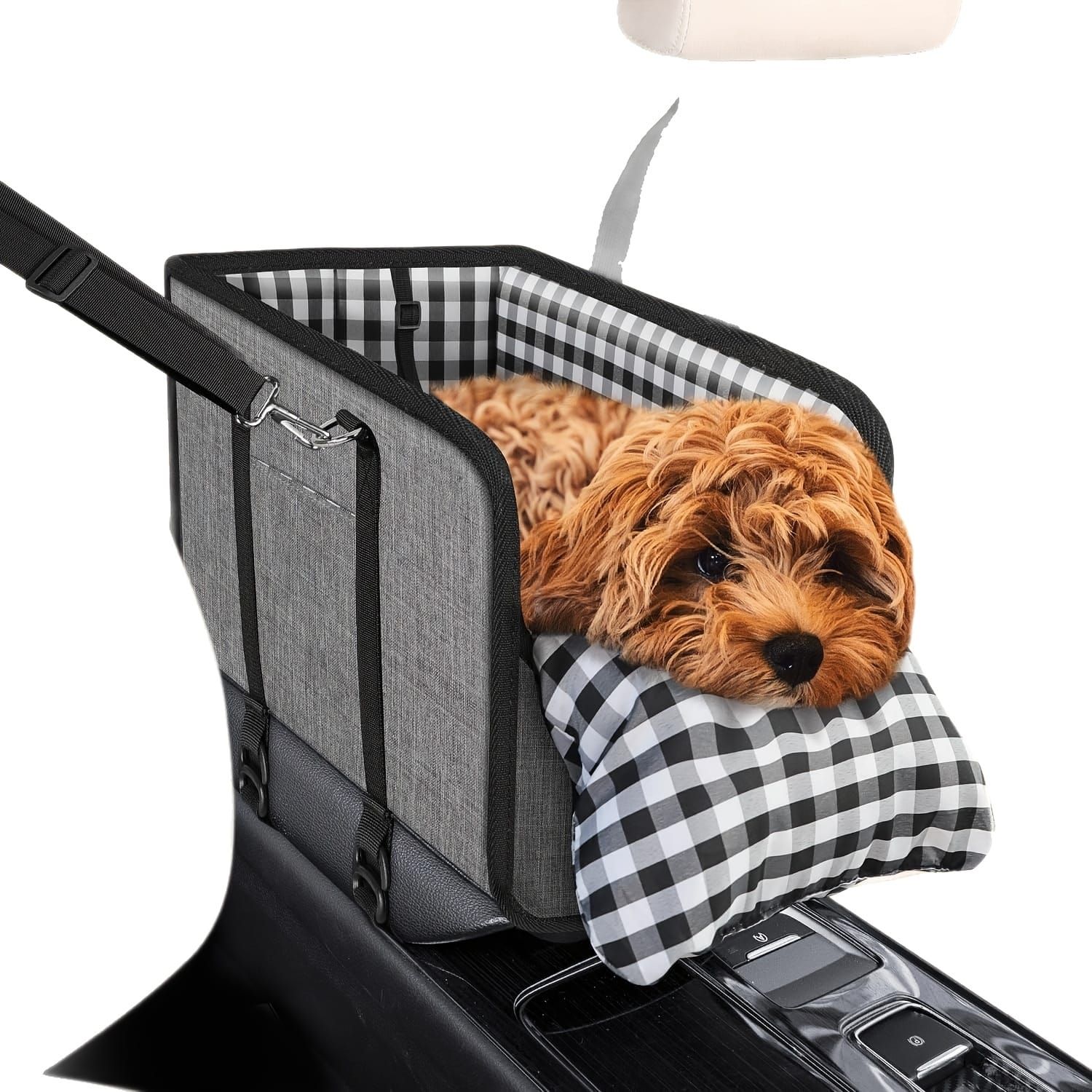 Portable Pet Car Seat for Small Dogs & Cats, Foldable Center Console Pet Bed with Safety Tether, Anti-Slip Bottom, and Removable Cushion for Safe and