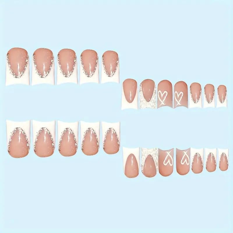 Nude Square Press on Nails Short Length,White French Tips Fake Nails with Rhinestones Design for Birthday/Bride/Holiday/Christmas/Valentine'S Day/Women/Young — image 4
