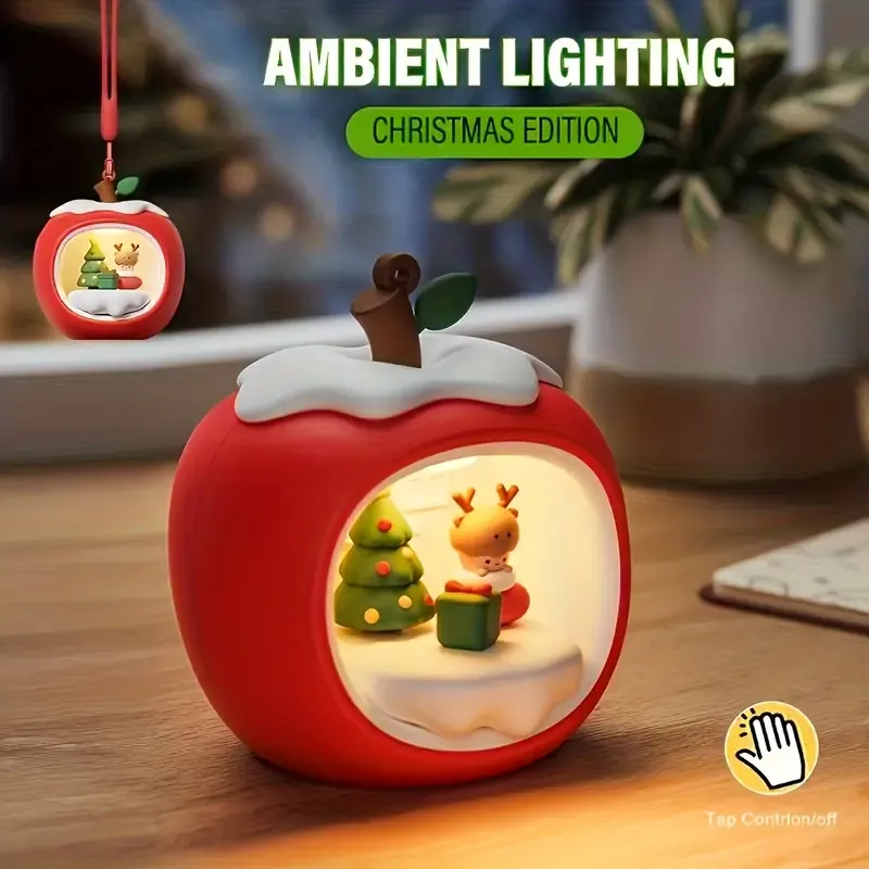 Christmas Apple Night Light Touch Dimmable Cute Reindeer Scene Bedroom Ambient Light Xmas Tree Ornament Xmas Eve Gift — image 5