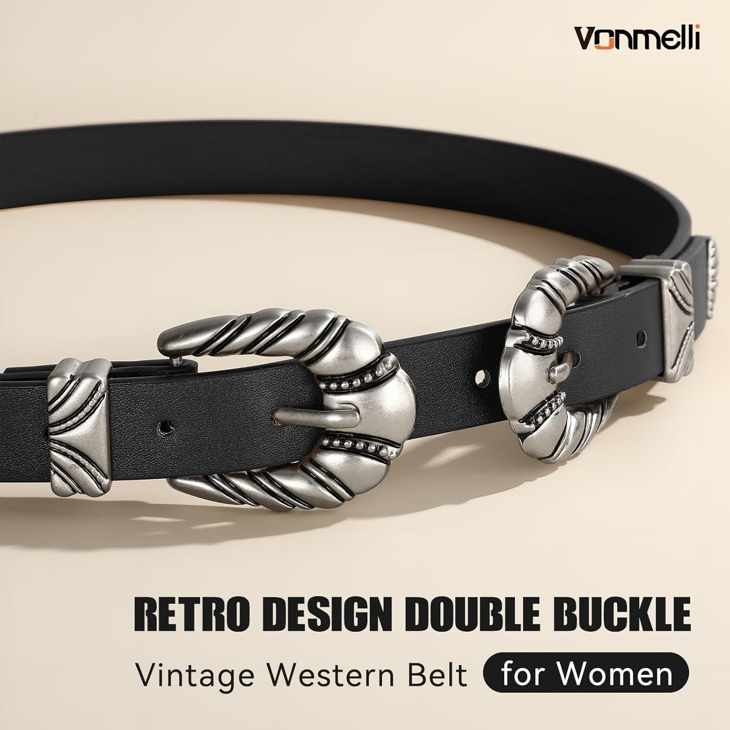 Western Leather Belts for Women Jeans Dress Cowgirl Thin Ladies Belt with Double Sliver Buckle โ image 3
