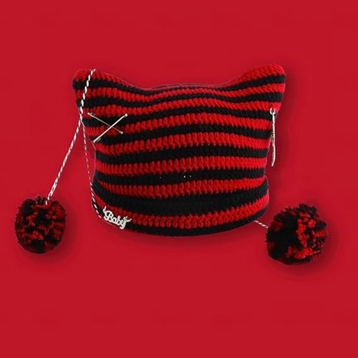 Ladies' Hat - Retro-style knitted hat - Crocheted girl's hat - Fox and cat ear design - Matches retro-style clothing (One size, red) — image 2