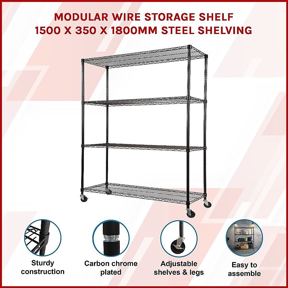 Modular Wire Storage 150x35cm Steel Shelving Black With Wheels For Garage Warehouse Or Kitchen Organisation โ image 3