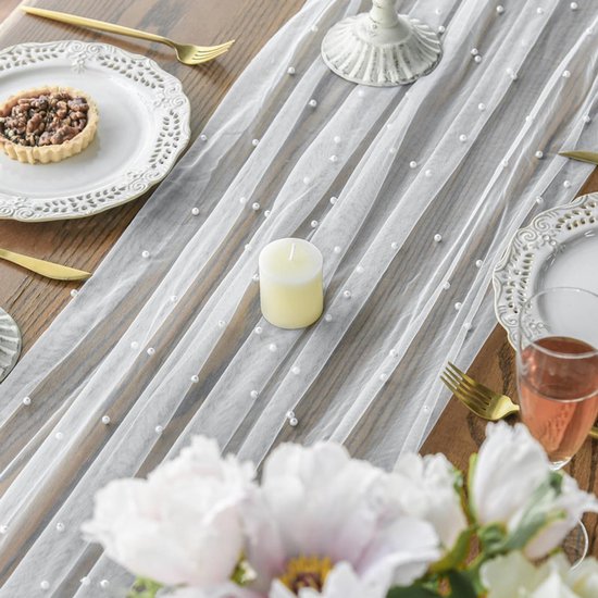 White Table Veil with White Pearls - Silky Gauze 30x120 Inches - For Weddings, Parties & Table Decorations โ image 4