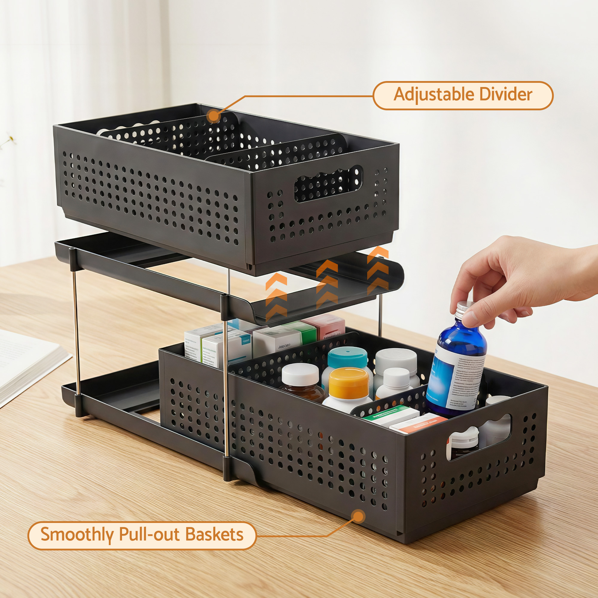 Artiss Under Sink Organizer 2 Tier Pull Out Drawer with Removable Baskets & Divider — image 4