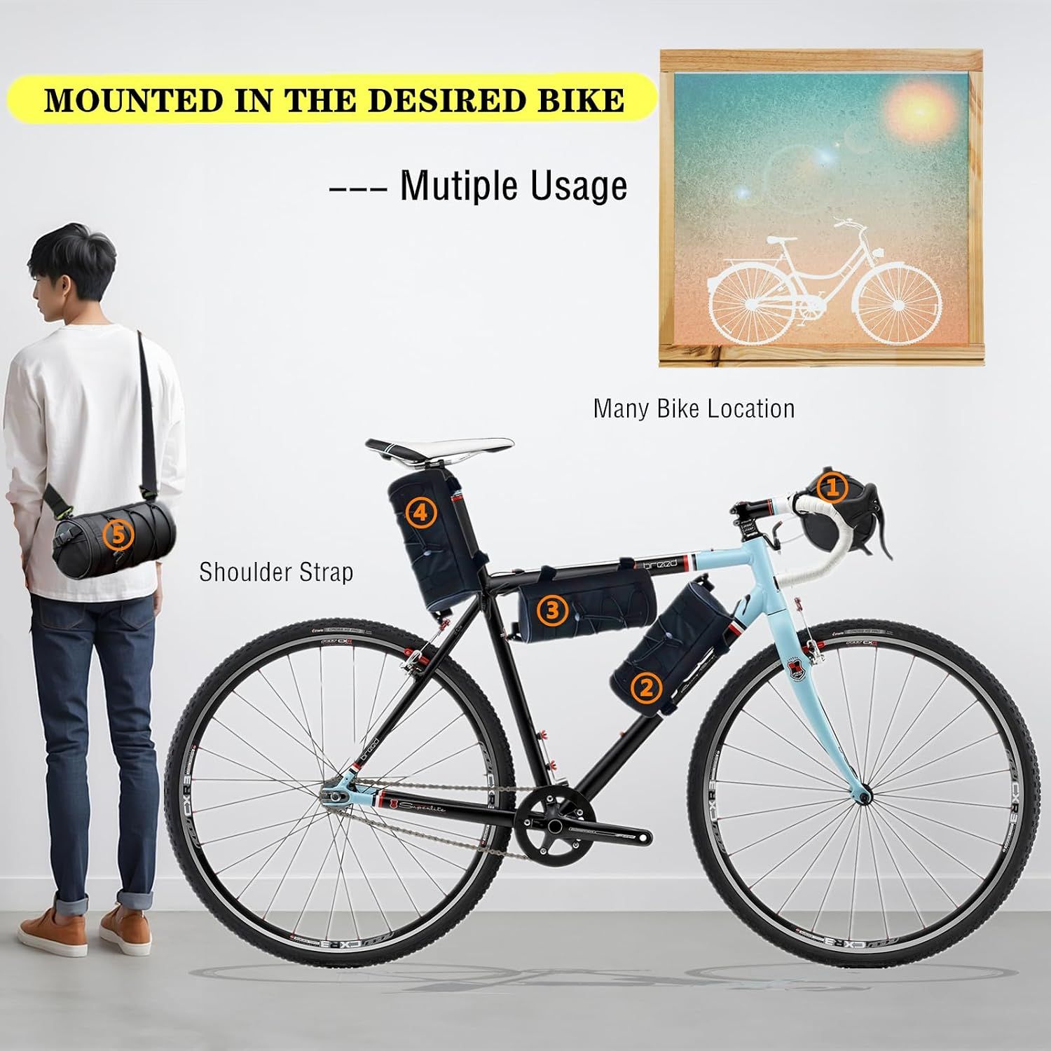 Bike Handlebar Bag Waterproof Bicycle Handlebar Roll Bag, Bike Front Pouch with Waterproof Zipper Shoulder Strap Removable Straps for Road Mountain — image 4