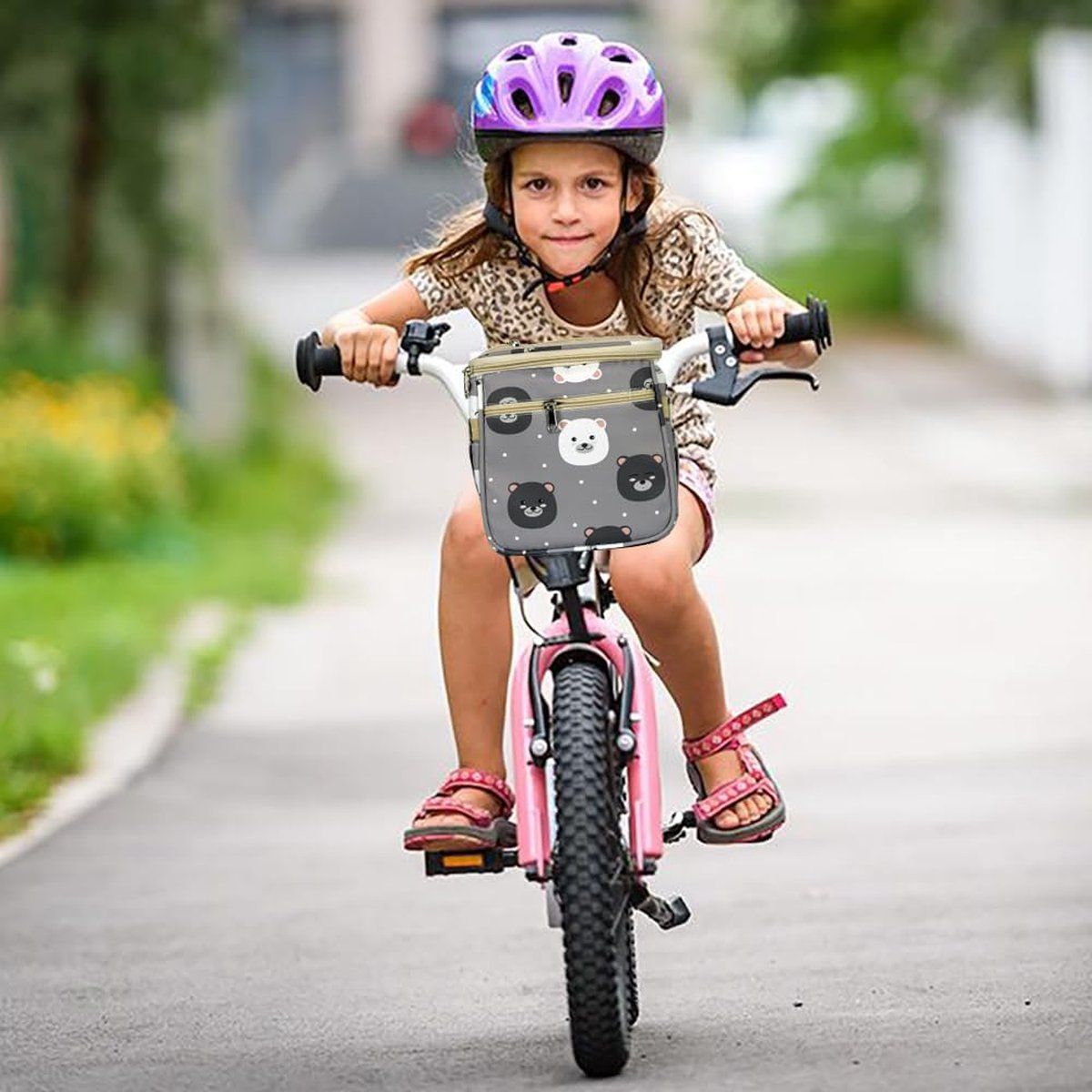Kids Flower Bear Bike Handlebar Bag, Waterproof Bike Basket with Easy Hook and Loop Installation for Children, 21 x 18 cm — image 3