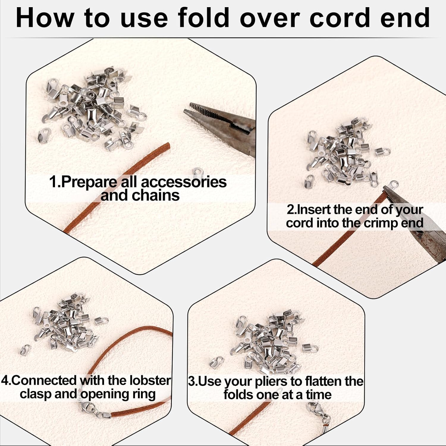 Vin Beauty 100 Pieces Fold Over Cord Ends Stainless Steel Cord Crimp End Tips Fold-Over End Caps Leather Ribbon Ending Clasp Tips Connectors for Jewelry Making — image 3