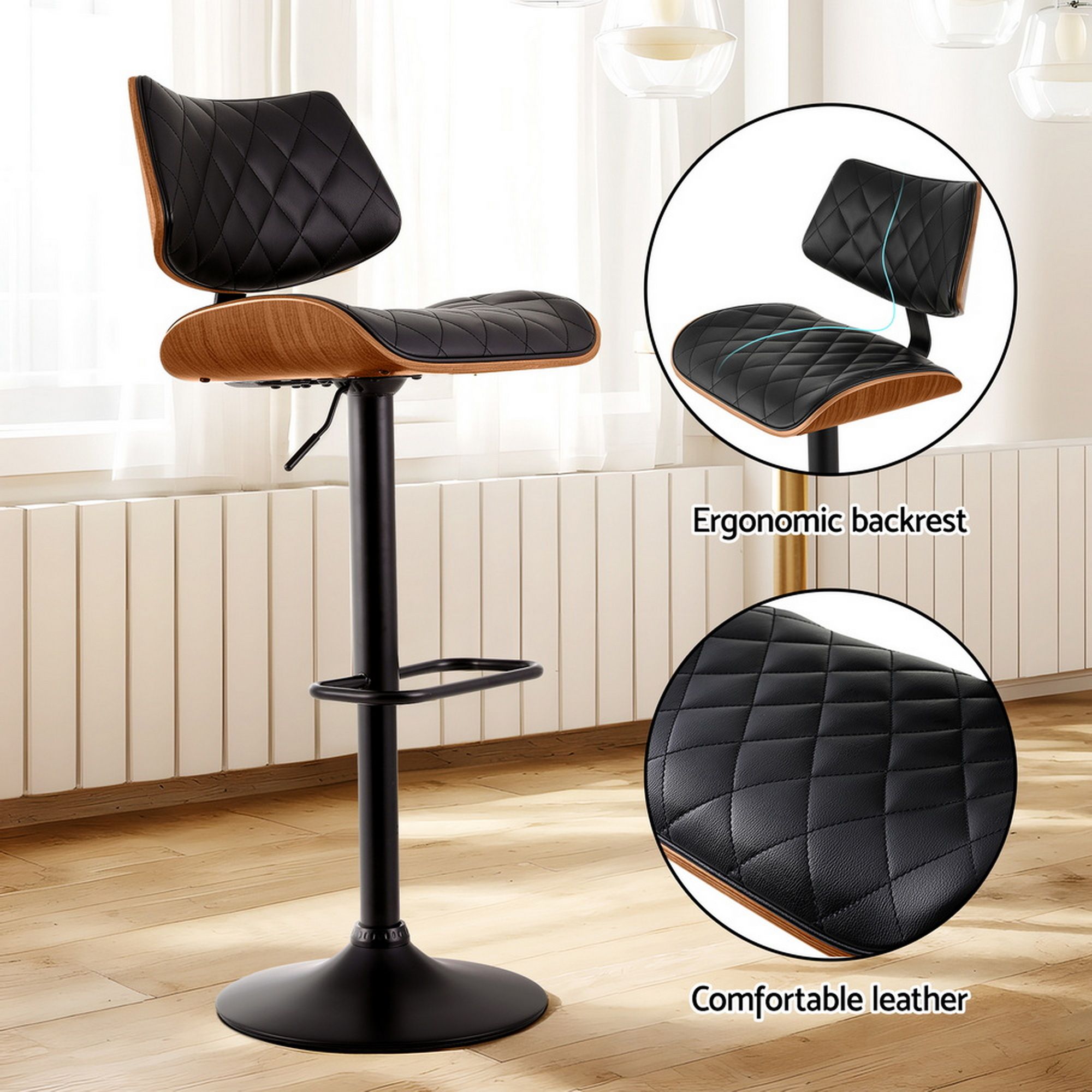 Artiss Bar Stools Kitchen Dining Chairs Gas Lift Stool Wooden Leather Black โ image 5