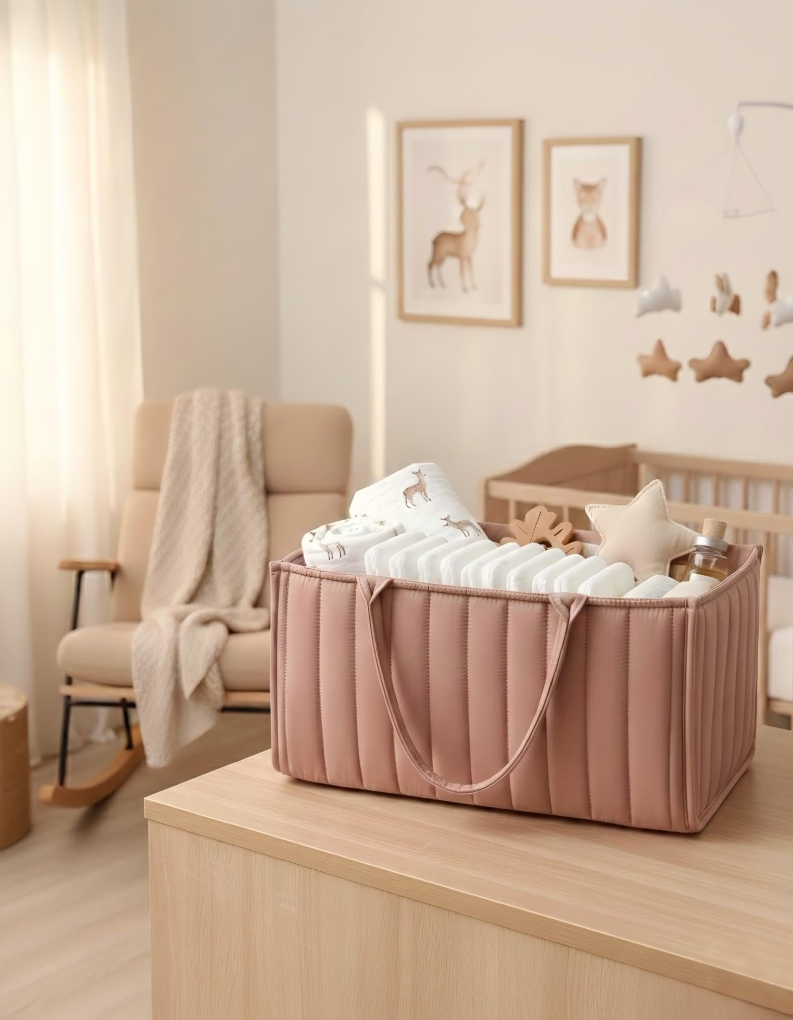 Large Baby Diaper Caddy Organizer – Stylish Storage Basket for Nursery, Changing Table & Travel – Portable Urn for Diapers, Wipes, Toys & Essentials (Pink) — image 5