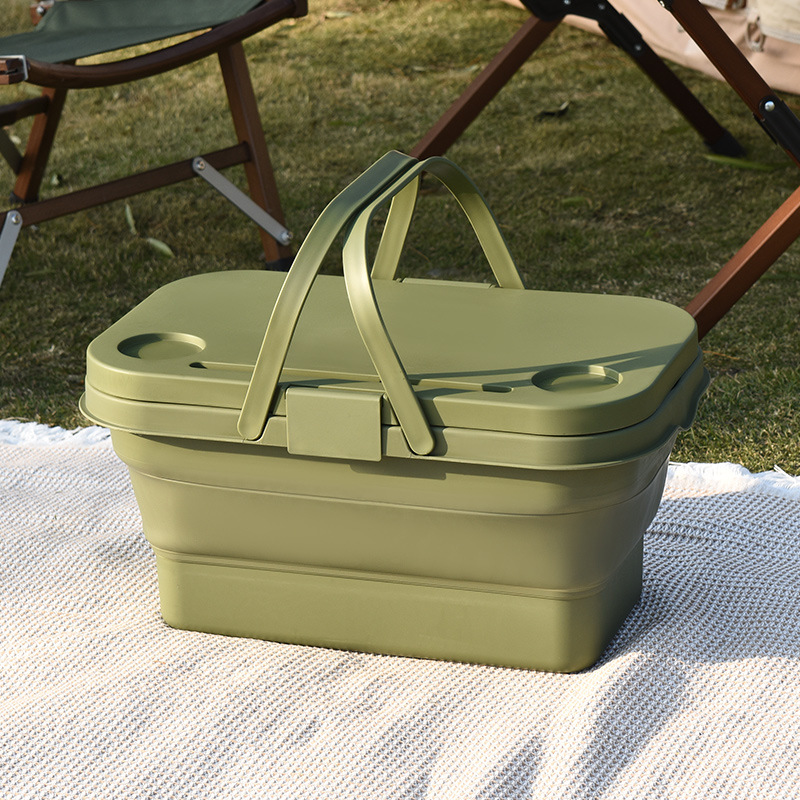 Collapsible Picnic Basket with Mini Table Lid Portable Folding Storage Crate with Cup Holders and Phone Stand Multi-Functional Outdoor Camping Sink