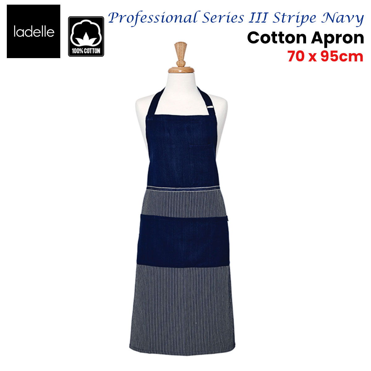 Ladelle Professional Series Stripe Navy Cotton Apron 70 × 95 cm — image 2
