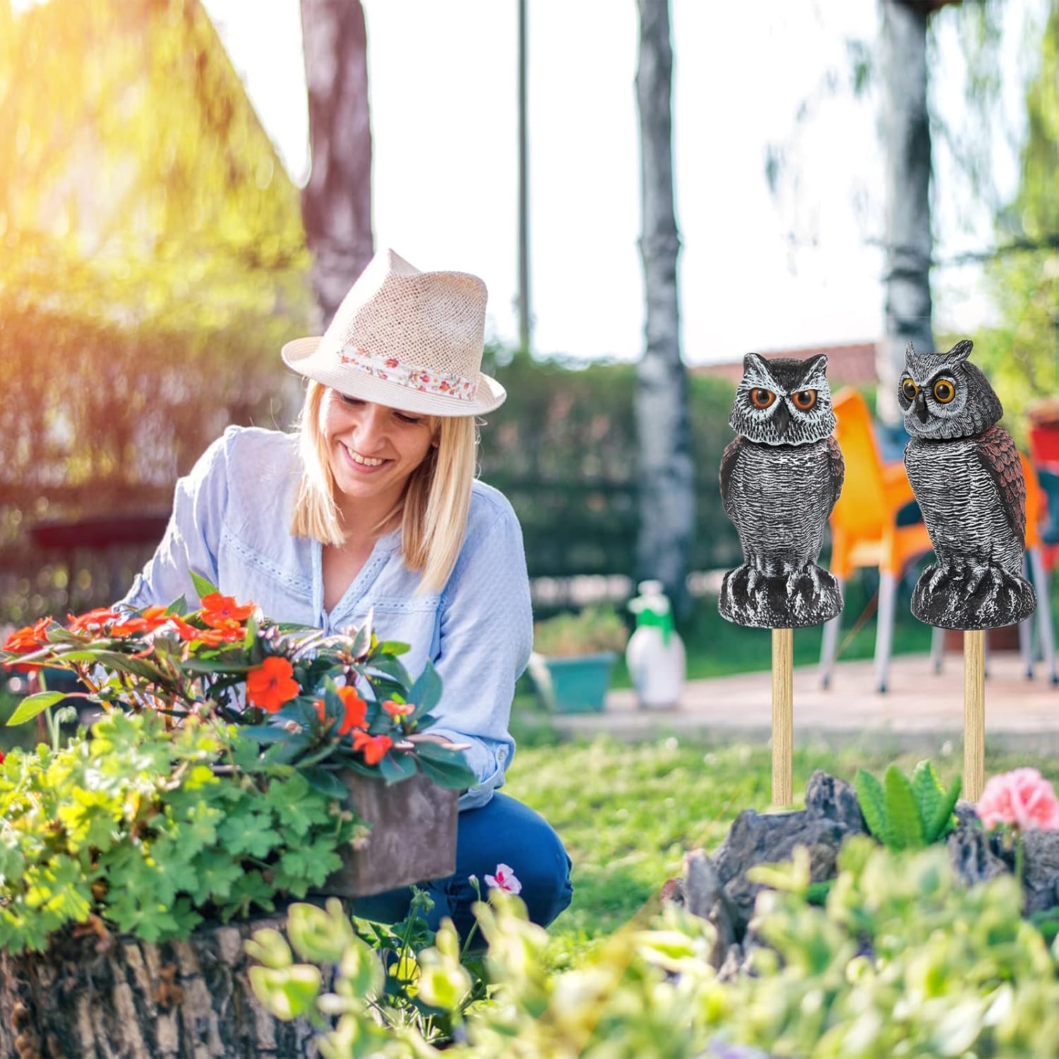 2 Pack Fake Owl Decoys to Scare Birds Away, Rotating Head Bird Deterrents, Nature Enemy Scarecrow Plastic Statues, Pest Repellent for Gardens and Patios โ image 6