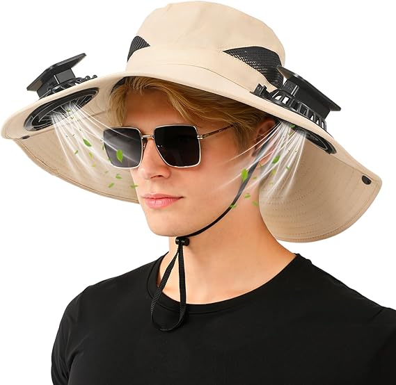Solar-Powered Dual-Fan Sun Hat – UPF 50+ Wide-Brim Outdoor Hat with 2 USB/Solar Rechargeable Fans, Adjustable Strap, Breathable Mesh, for Fishing, Hiking