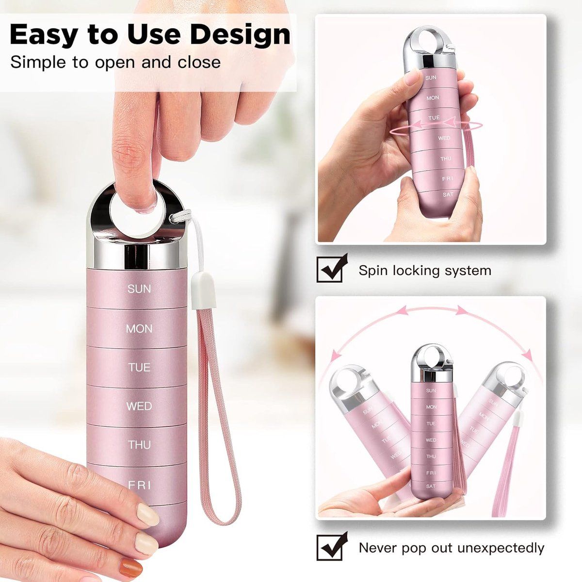 Metal Travel Pill Box, Portable Waterproof Weekly Pill Box, Large Aluminum Alloy Pill Holder, Fish Oil, Supplements, Pink โ image 4