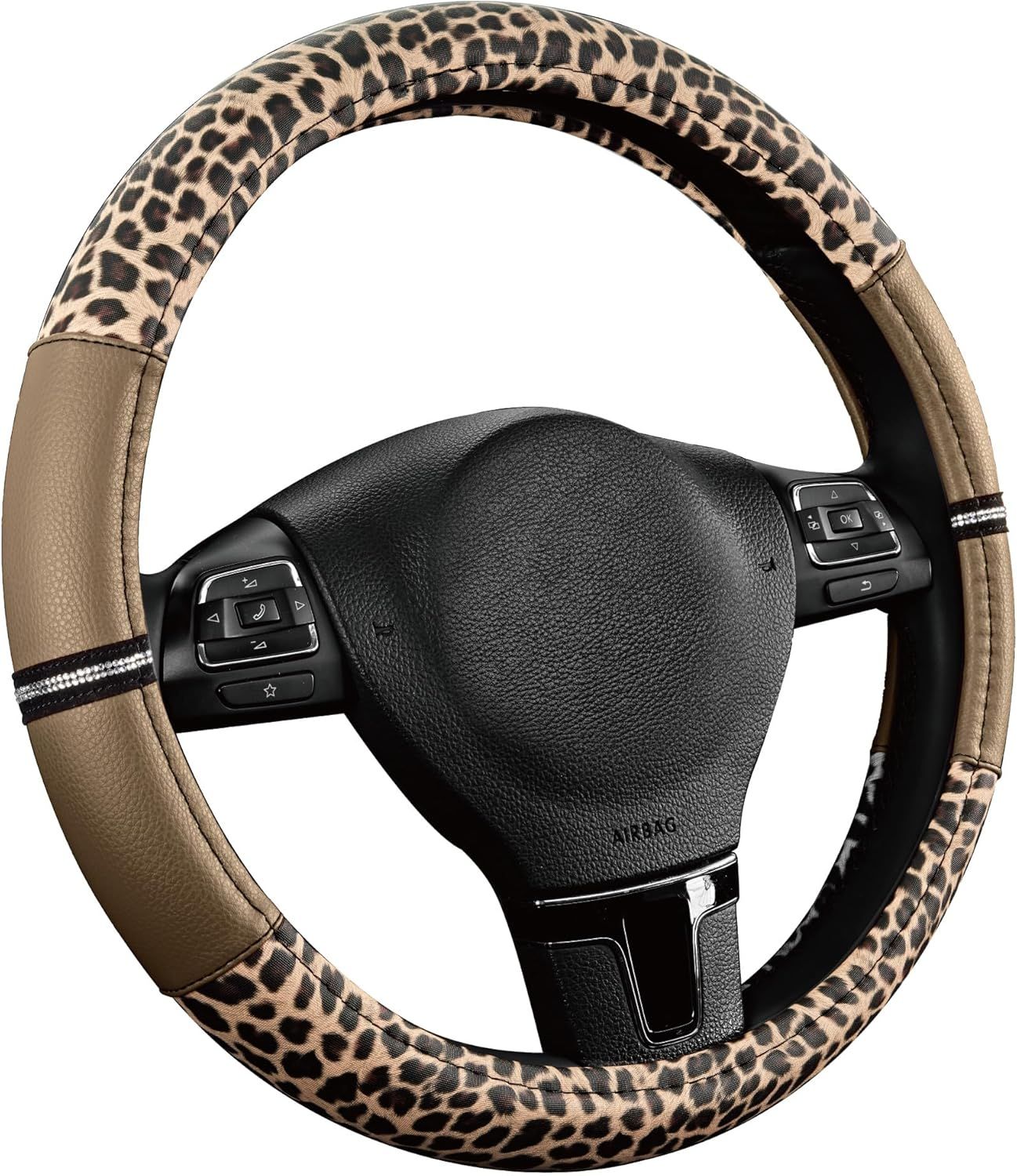 Leopard Steering Wheel Cover for Women, Cute Anti-Slip Microfiber Leather, Universal Fit 14.5-15 Inch Round Steering Wheel - Beige โ image 2