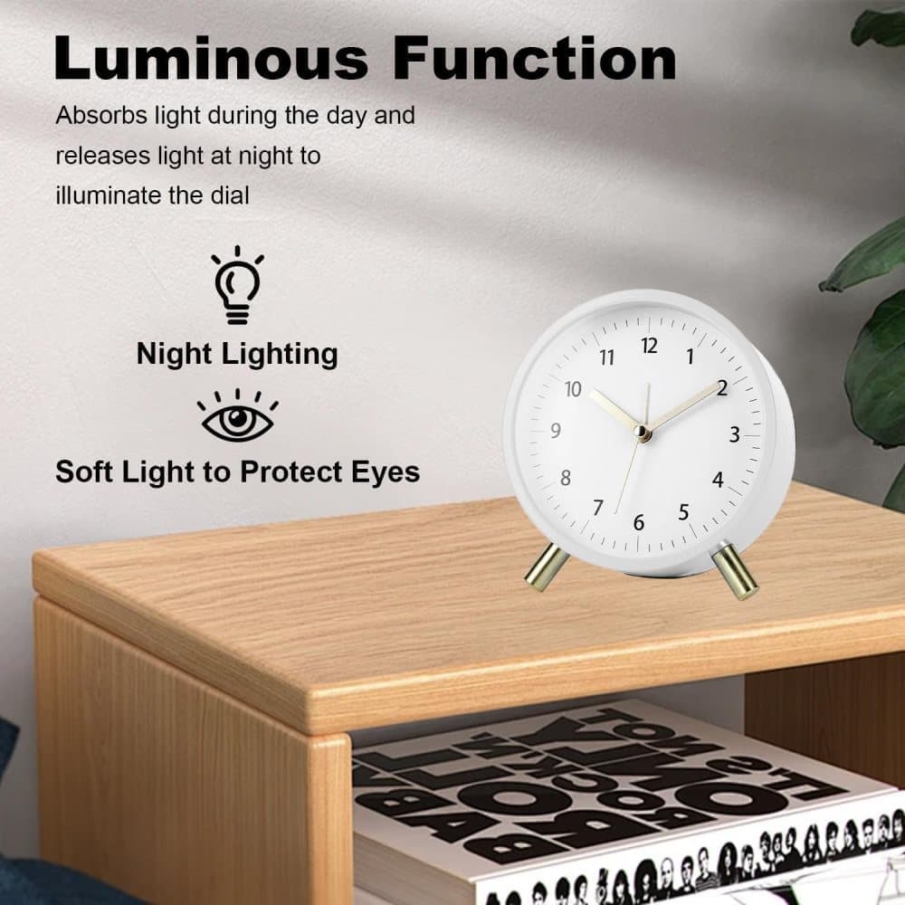 Silent Alarm Clock with Night Light and Backlight, White Metal Clock for Bedrooms and Travel โ image 2