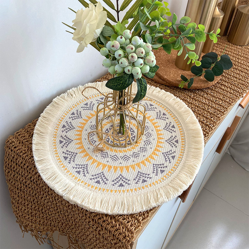 4 Pcs Beige and Grey Boho Chic Woven Cotton Placemat with Tassels - Nordic Bohemian Style(Tableware is a prop for shooting and is not included) โ image 4