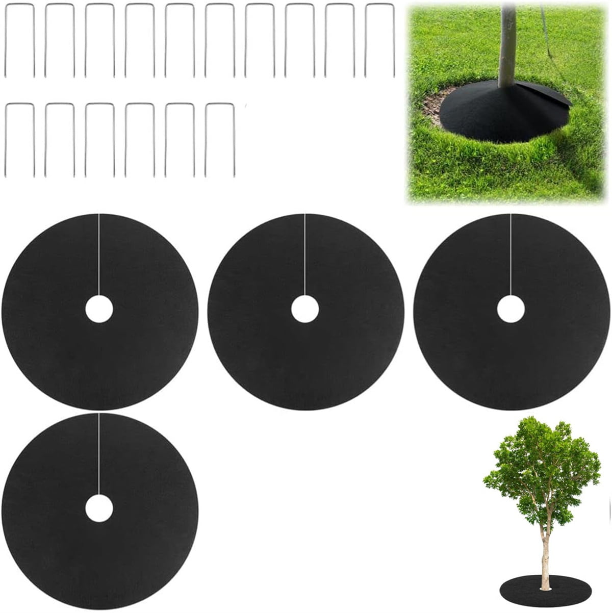 4 Pack Non-Woven Tree Mulch Ring, Round Mulch Ring Tree Protector Mat with 16 Pcs Garden Stakes, Reusable Heavy Duty Weed Barrier Fabric for Weed Control, Root