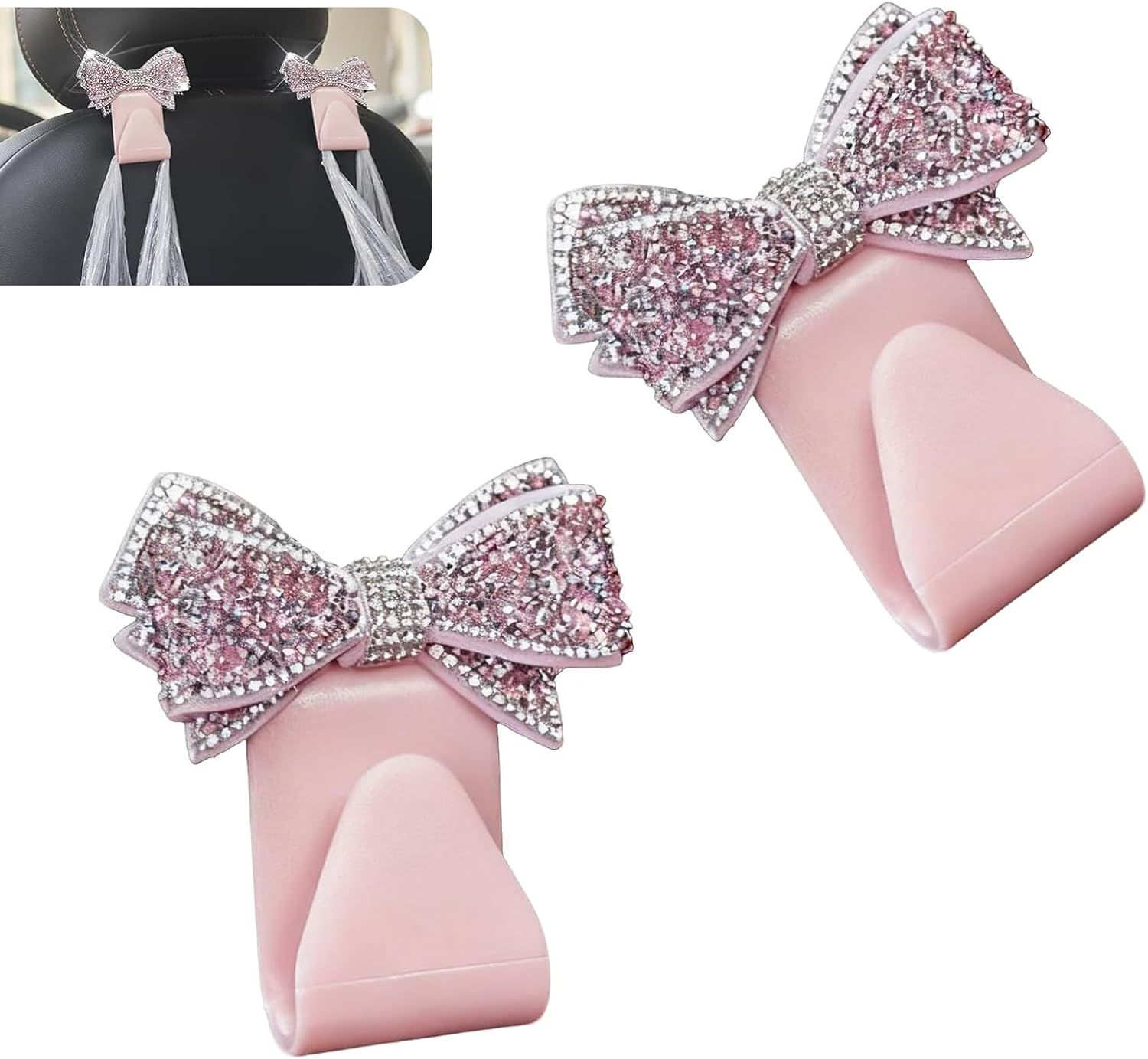 2 PCS Car Bling Seat Headrest Hooks, 3D Butterfly Bow Rhinestone Decoration Hook, Multi-function Storage Hanger for Purses and Bags, Cute Organizer for Car — image 2