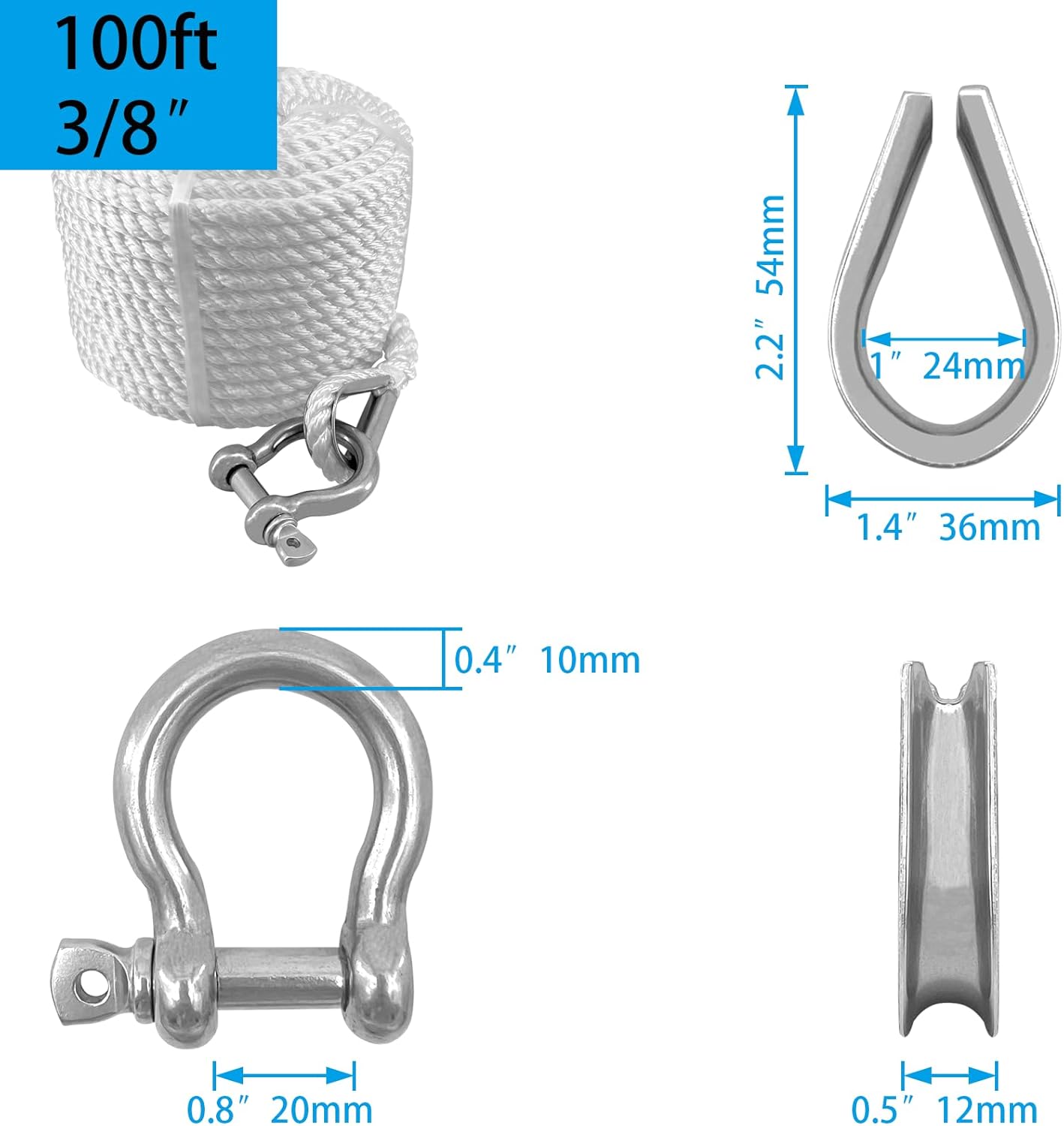 Solid Braid Nylon Anchor Rope (3/8" x 100') Line Boat with Stainless Steel Thimble & Shackle — image 3