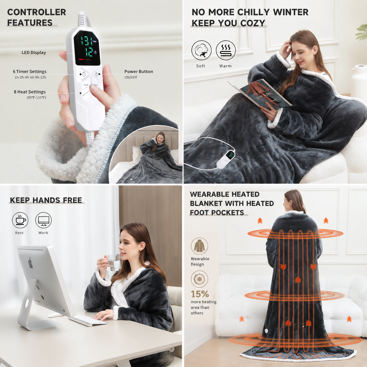 Wearable Electric Heated Blanket with Foot Pocket 127x177cm and Suede Fleece Slippers Set AU 13-14, Winter Warm Home Comfort Bundle — image 6
