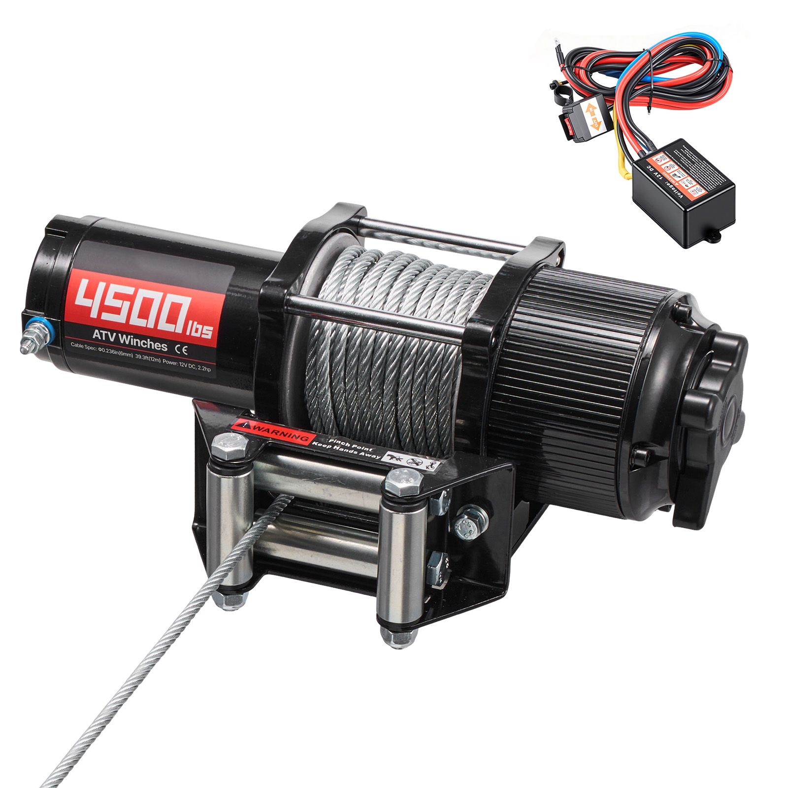 2041 kg Electric Winch, 12V DC ATV/UTV Winch with Φ6 mm x 12 m Steel Wire Rope, Wireless & Wired Remote Control, IP54 Waterproof, Roller Fairlead Mount Plate
