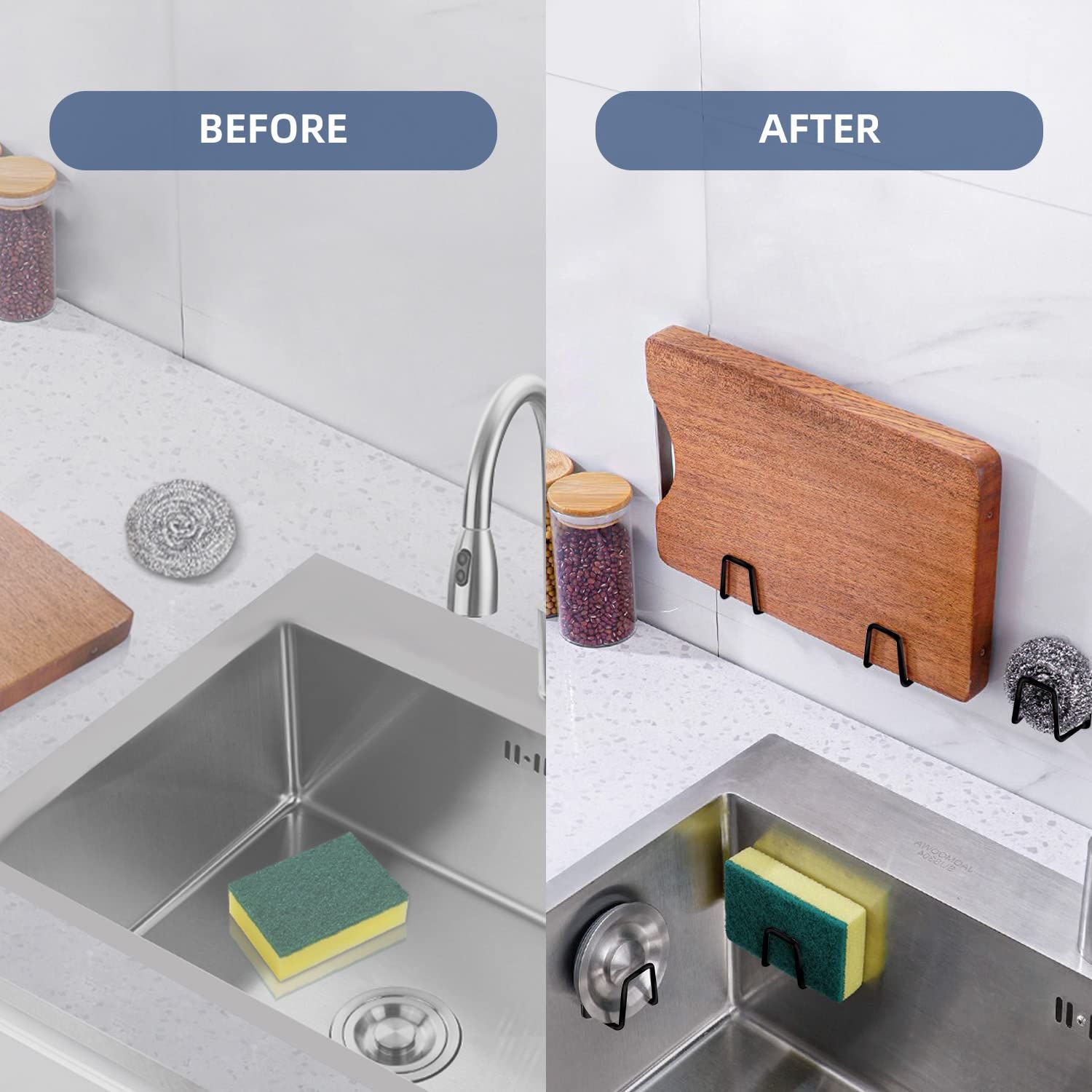 2 Pcs Sponge Holders for Kitchen Sink,Strong Adhesive Sink Sponge Holder Stainless Steel Waterproof Sponge — image 2
