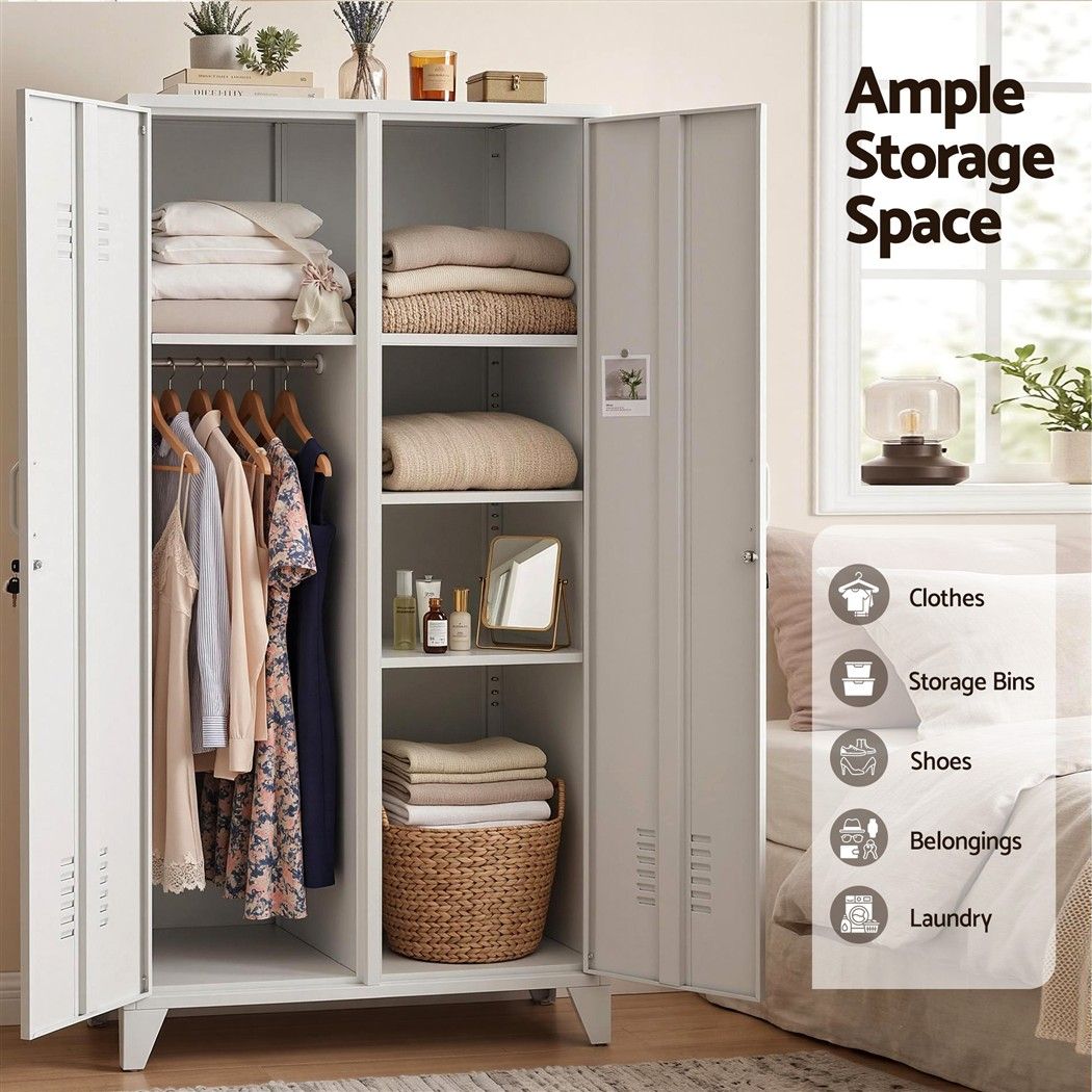 Artiss 2-Door Wardrobe Lockable Cabinet Storage Closet Hanging Rail Adjustable Shelves Cream White โ image 6