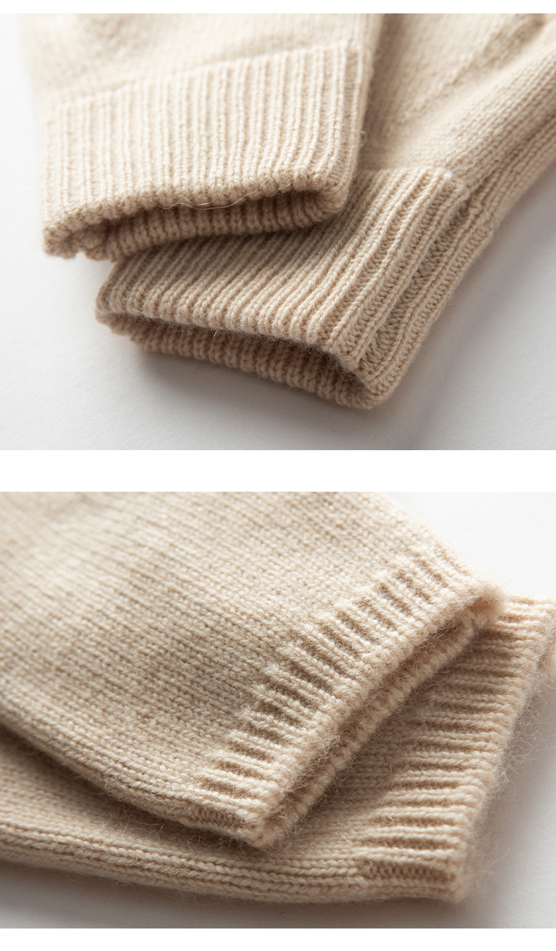 Beige Color Block Cashmere Fingerless Gloves for Women Autumn Winter Outdoor Cold Protection Warm Knitted Gloves — image 4