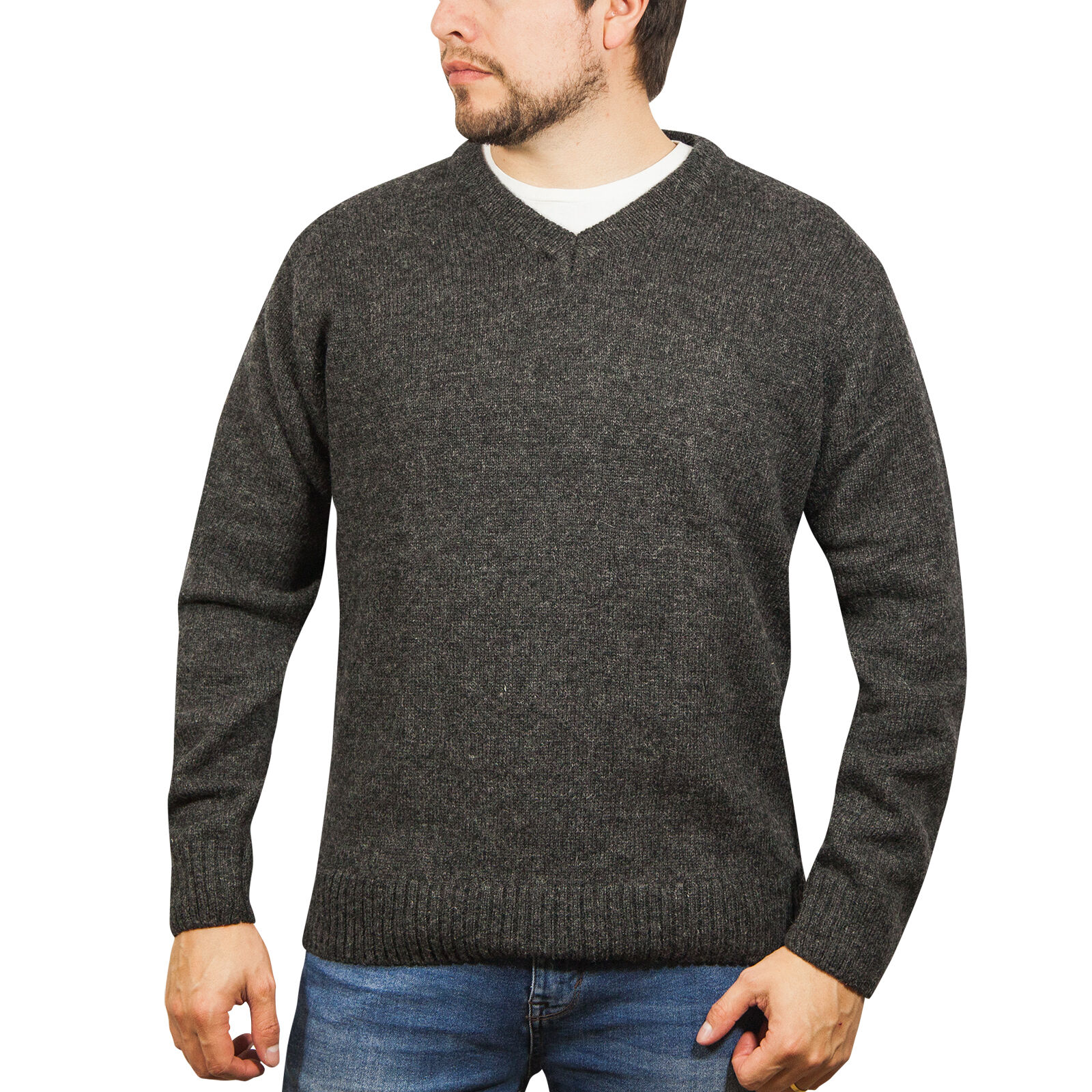 100% Shetland Ragg Wool V Neck Knit Jumper Pullover Mens Sweater Knitted - Charcoal โ image 2