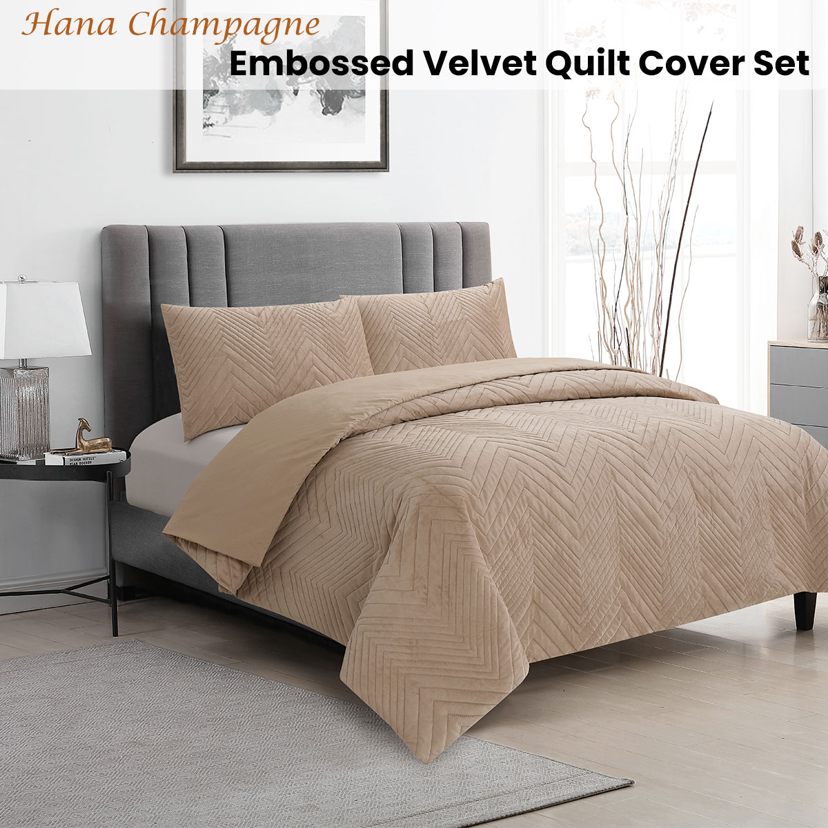 Ardor Hana Champagne Embossed Velvet Quilt Cover Set Queen — image 2
