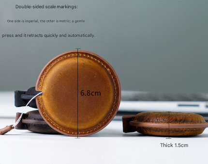 Coffee Handmade Crazy Horse Leather Retractable Tape Measure Keychain Dual Sided Scale 150cm/60" Mini Pocket Ruler for Sewing & Body Measuring — image 2