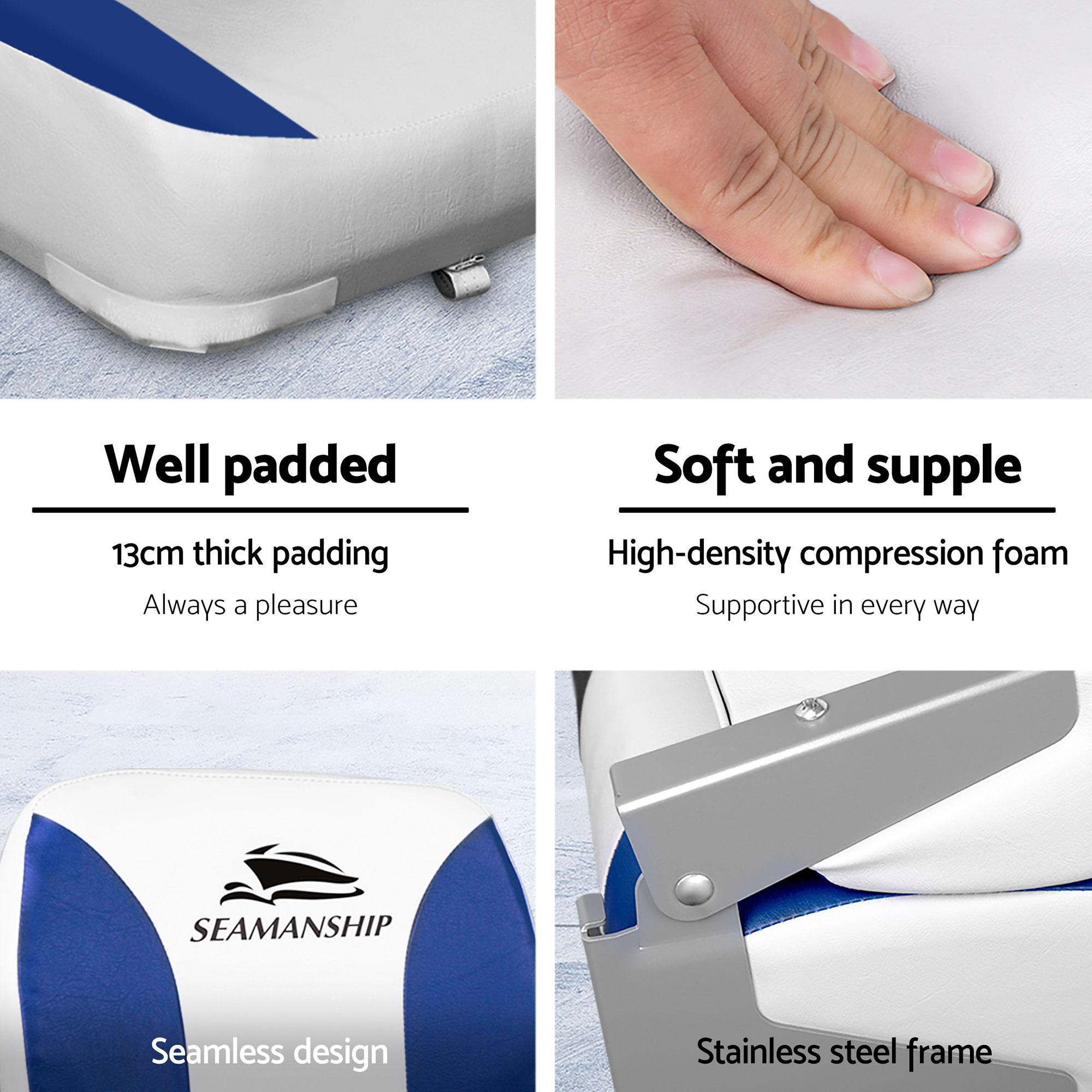 Seamanship 2X Folding Boat Seats with 2X Adjustable Pedestals 55–75cm Marine Swivel Low Back 13cm Padding White Blue — image 4