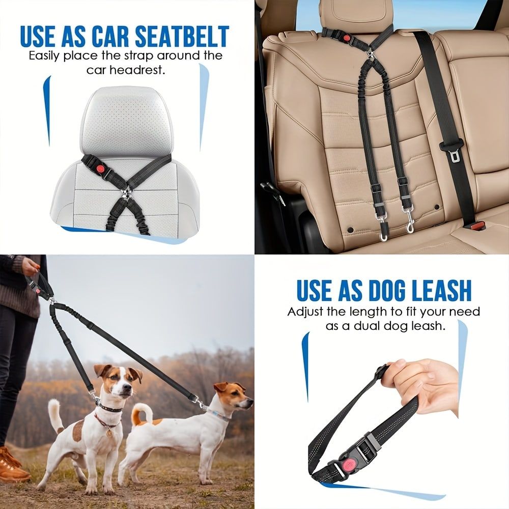 Dual-Head Pet Car Seat Belt with 360° Swivel Tangle-Free Leash for Two Dogs - Adjustable Safety Restraint for Car Travel and Outdoor Walking, Reflective Nylon — image 4