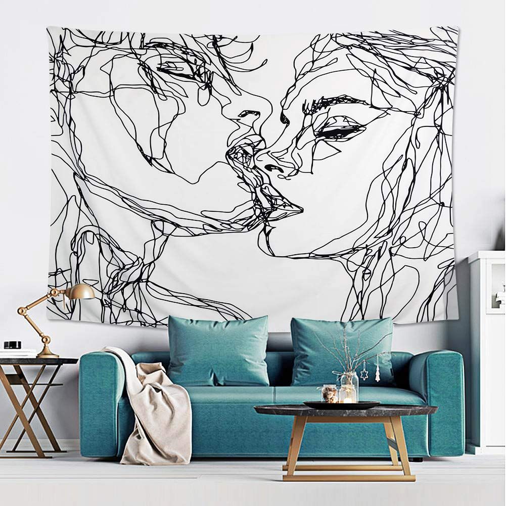 Women/Men Abstract Sketch Art Kiss Lovers Tapestry/Kissing Tapestry Wall Hanging Black and White Line Art Tapestry โ image 5