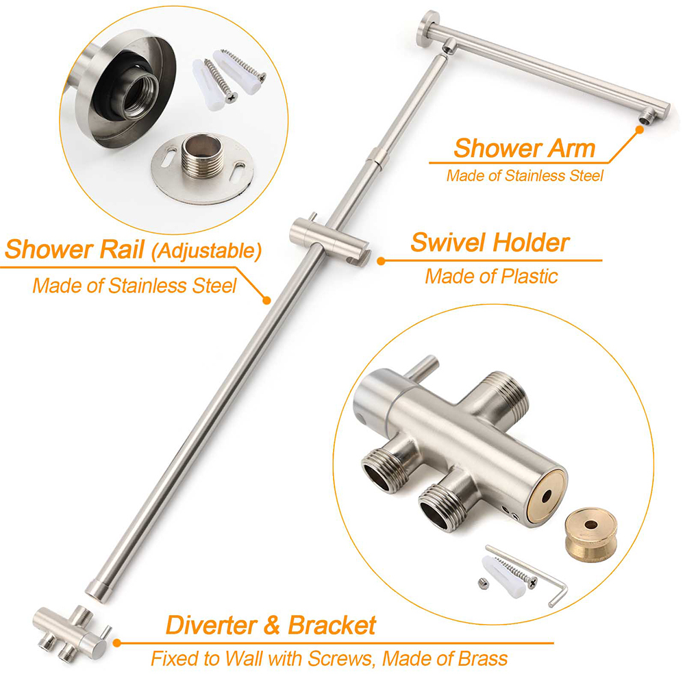 Brushed Nickel 2in1 Set Round 12" Rain Head Shower Single Mode Handheld Sliding RailWall Mixer — image 4