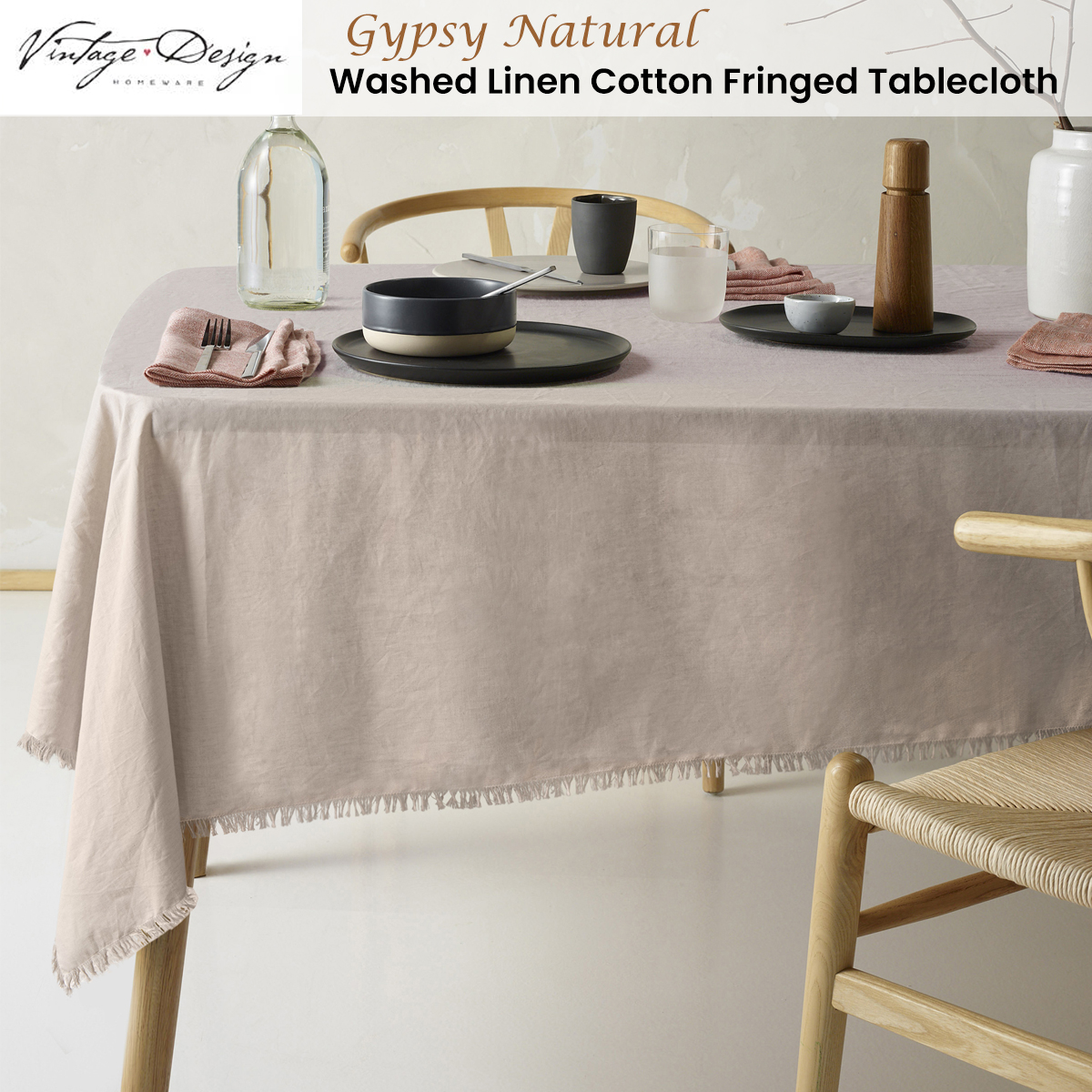 Vintage Design Homewares Gypsy Natural Fringed Washed Linen Cotton Tablecloth 150cm x 300cm โ image 2