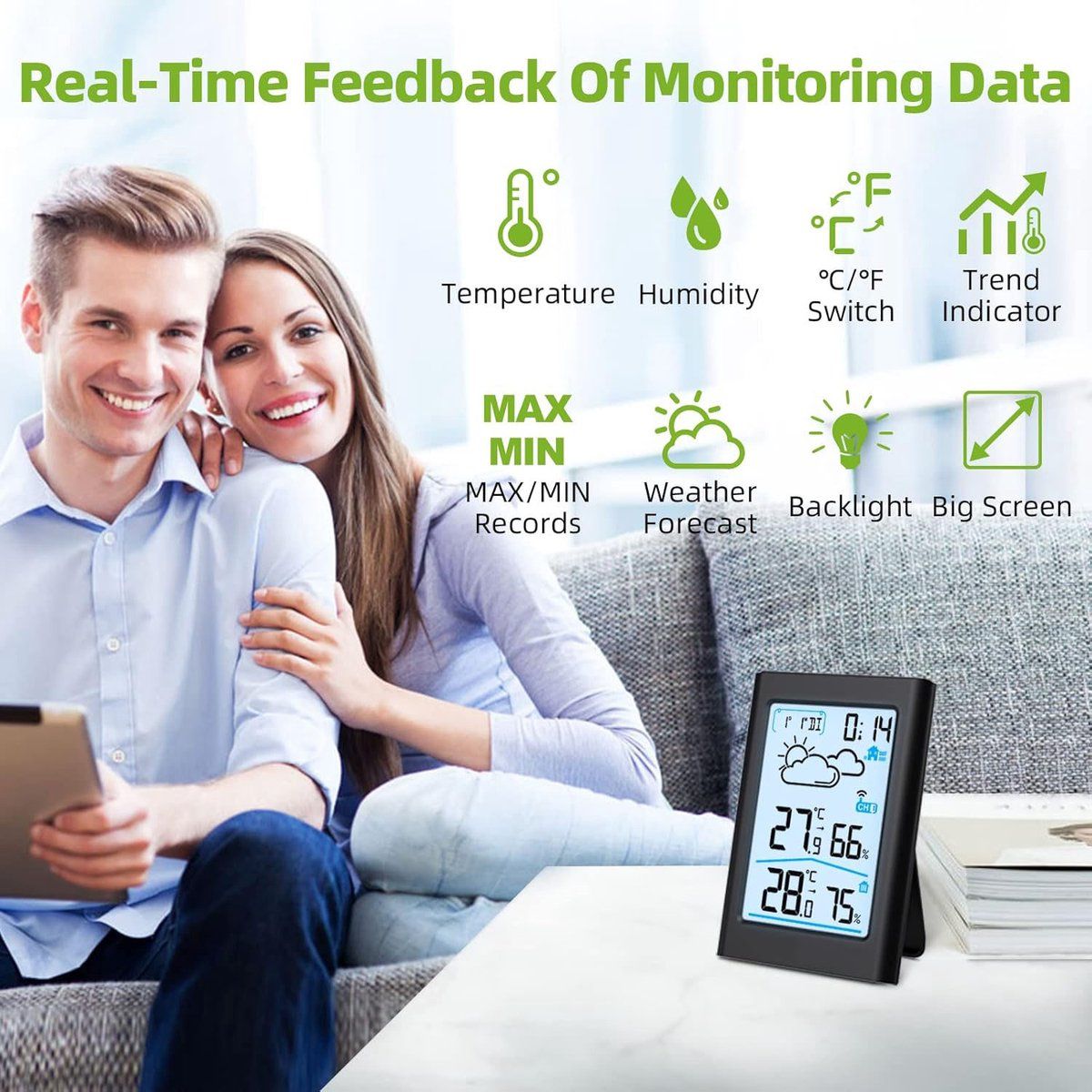 Wireless Indoor Outdoor Weather Station With Outdoor Sensor Thermometer Hygrometer Forecast Clock Alarm For Home School Patio Black, 100 m — image 2