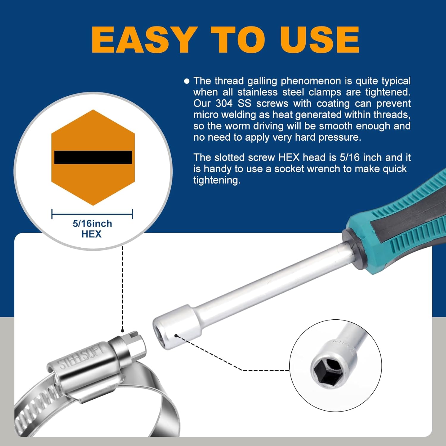 Non-Slip Worm Gear Hose Clamps#6, 1/2" to 3/4"(12-20mm) Adjustable Stainless Steel Screw Clamps for Automotive, Fuel Line, Garden, Heater, Radiator Tube Pipe — image 3
