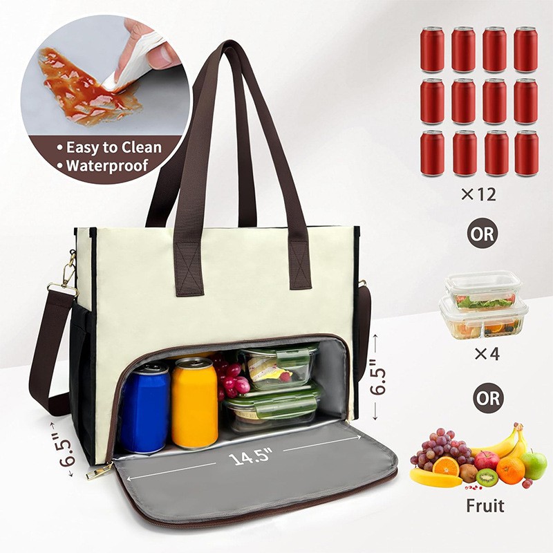 Black Large Capacity Insulated Lunch Tote Bag with Shoulder Strap Leakproof Cooler Handbag Multi-Pocket Work Organizer for Office and Picnics — image 4